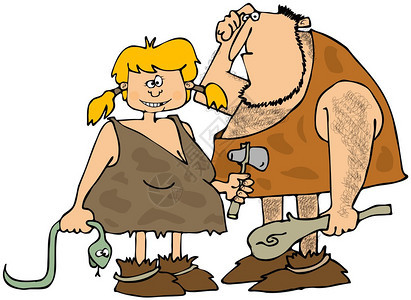 这个插图描绘了一名持俱乐部的穴居人和他的妻子携带一条死图片