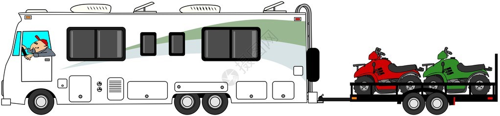 这个插图描绘了A级的摩托之家用3台ATV拖车背景图片