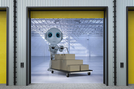 自动化工厂概念由3D制造机器人在工厂背景图片
