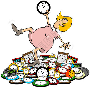 这个插图描绘了一个女人倒到一堆钟上指着时间的改变以图片