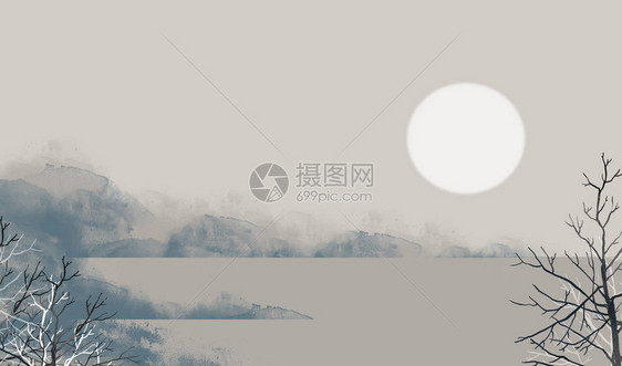 水手绘河流树木和天空的水彩日出图片