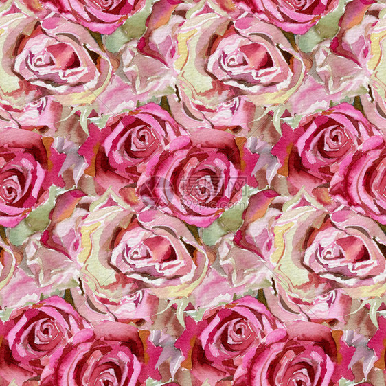 与粉红玫瑰的无缝模式水彩插图图片