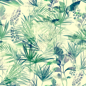 热带植物的叶子数字和水彩手绘无缝图案纺织品的数字混合图片