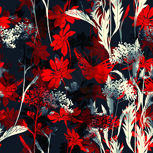 鲜花和草药的足印无缝模式数字和水颜色混合介质图片