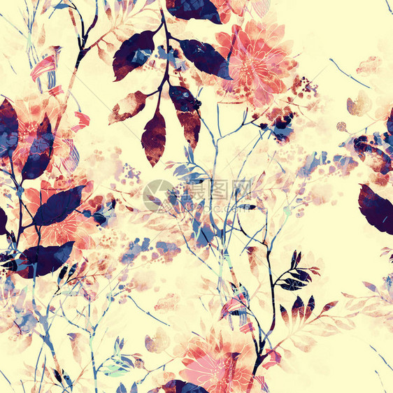 印记抽象的花朵和叶子混合重复无缝图案水彩和数字手绘图片混合媒图片