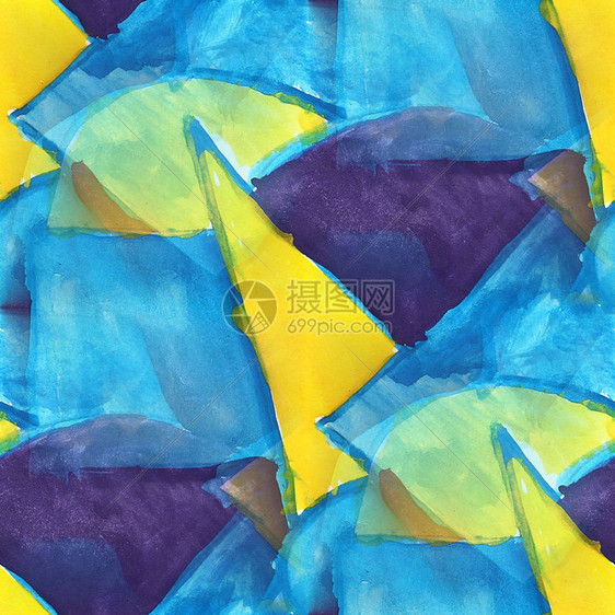 美国古蓝色黄色三角形装饰画色彩多的潮水纹理图案油漆抽象图片