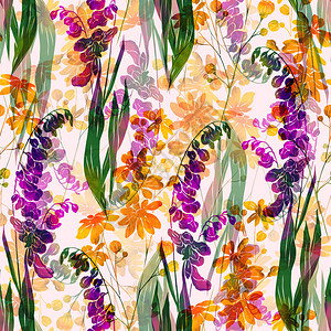 印上草药花朵和叶子抽象的水彩和数字图像手绘波西米亚风弹簧无缝图案用于纺织品织物纪念品包装和贺卡的混图片