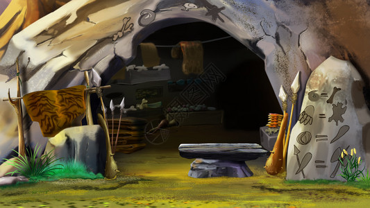 石洞入口的数码绘画用石头和背景图片