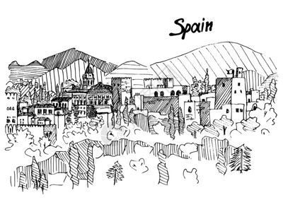 山上的西班牙城堡画上黑白版和图片