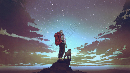 带着背包和狗站在岩石上看夜空中星数字艺术风格插图画的年轻图片