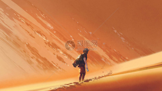 在沙漠数字艺术风格插图绘画上行走的图片