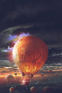 日落时在天空中漂浮的热气球数字艺术风背景图片