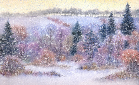 水彩风景山谷冬季森林图片