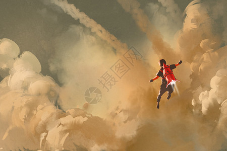 男孩在云天飞行用喷气式背包图片