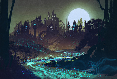 美丽的风景与神秘的河流满月在城堡之上图片