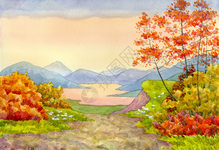 水彩风景从山谷中缓和的高山湖泊的斜坡上看图片