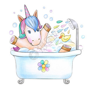 卡通独角兽洗澡在浴室孤图片