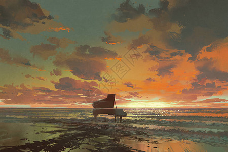 日落时沙滩上熔化黑钢琴的超真实绘图片