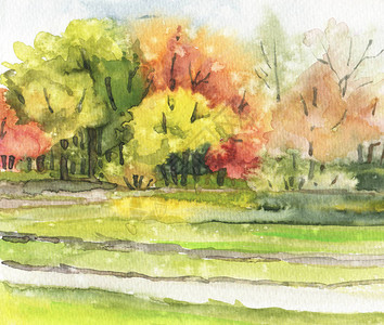 秋天的风景水彩素描手绘插图图片