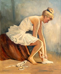 年轻芭蕾舞女的古老油画正在坐图片