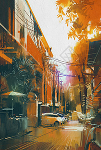 胡同秋季城市景观数码绘画图片