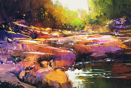 美丽的河流线秋林风景绘画中充图片