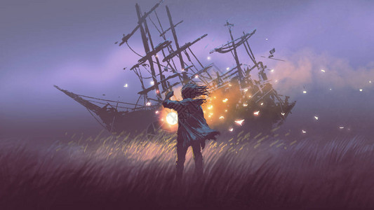 一个拿着魔法的人夜幕站在田野上看着沉船数字艺术风背景图片