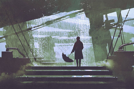 雨天数字艺术风格插图画等雨天正在兴建着一个带雨伞的人cc图片