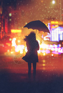 夜城里撑伞的孤独女人插画图片
