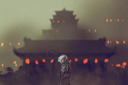 年轻人站在古老的庙宇对面红色背景图片
