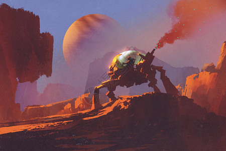 红色行星上机器人飞行器中的男子的scif背景图片