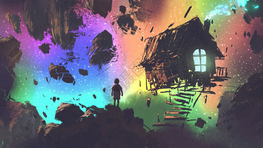 男孩的夜间风景和奇异地方的房子数字艺术风格图片