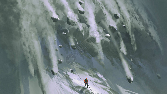 登山人和雪石的景象迅速从山上坠落数字艺术图片