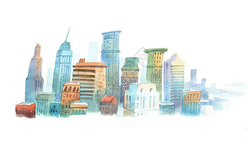 美国纽约曼哈顿美国纽约高楼的彩色夸丽草图现代大城市的城市风插画