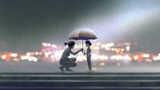 女人在雨中给男孩一个伞数字艺术风背景图片