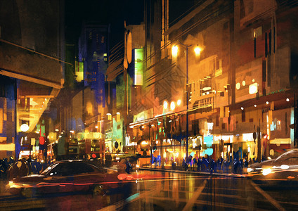 晚上在城市街道上亮着多彩的灯光i说图片