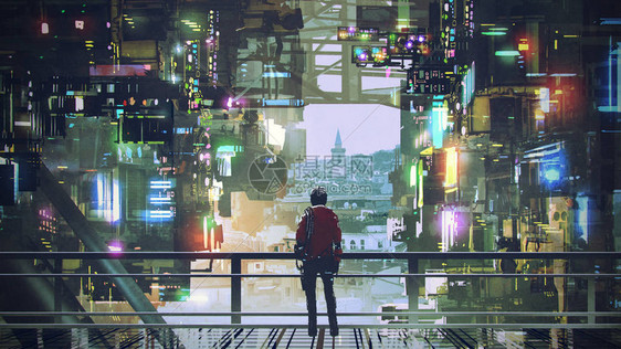站在阳台上的男人看着未来城市光亮多彩数字艺术风格插图片