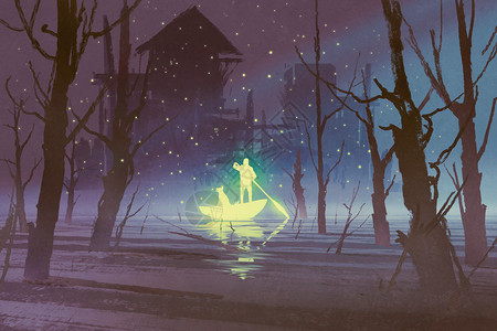 夜里在河上划船上的发光男人和图片
