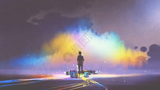 男人用刷子和油漆桶站在多彩云数字艺术风格插图片