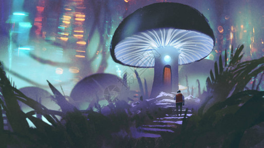 男人走向林中发光的蘑菇屋森林数字艺术风图片