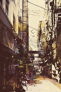 老城区狭窄的小巷绘画图片
