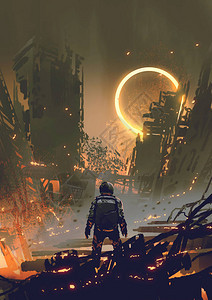 宇航员站在一座被烧毁的城市里图片