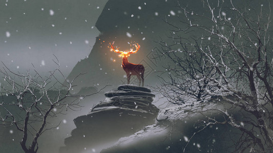 鹿的火角站在冬季地表岩石上数字艺术风格图片