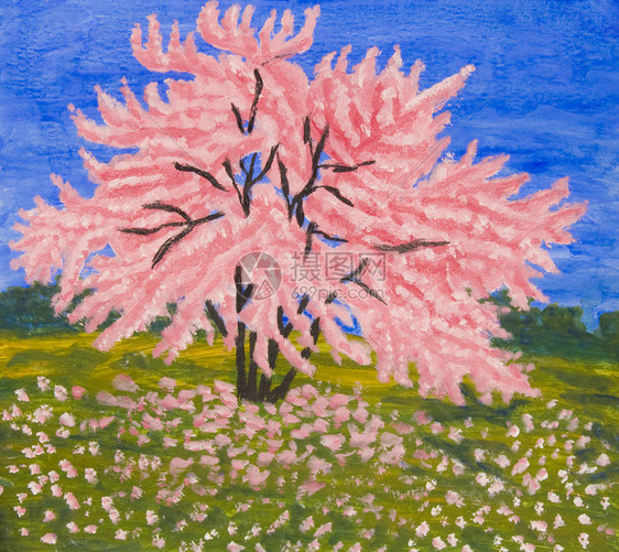 风景与盛开的紫荆树油画图片