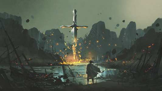 一个战士站在废弃港口看着破碎的巨数字艺术风格插图绘画图片