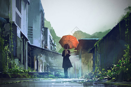 神秘女人拿着橙色雨伞站在废弃城市的街道上带着数字艺术风格图片