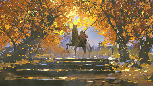 在秋林骑马的武士数字艺术风背景图片