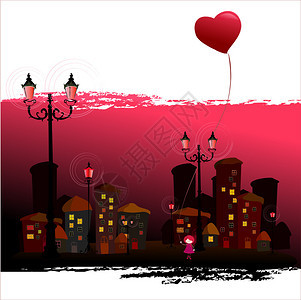 浪漫背景有插图的抽象城市和情人节小女图片