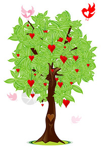 爱情鸟用心在树上飞翔的插图图片
