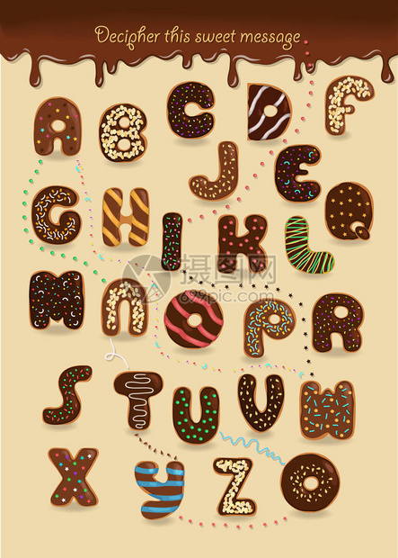 带有加密浪漫文本的艺术字母表我想要你作为巧克力甜圈的棕色字母破译这个甜蜜图片
